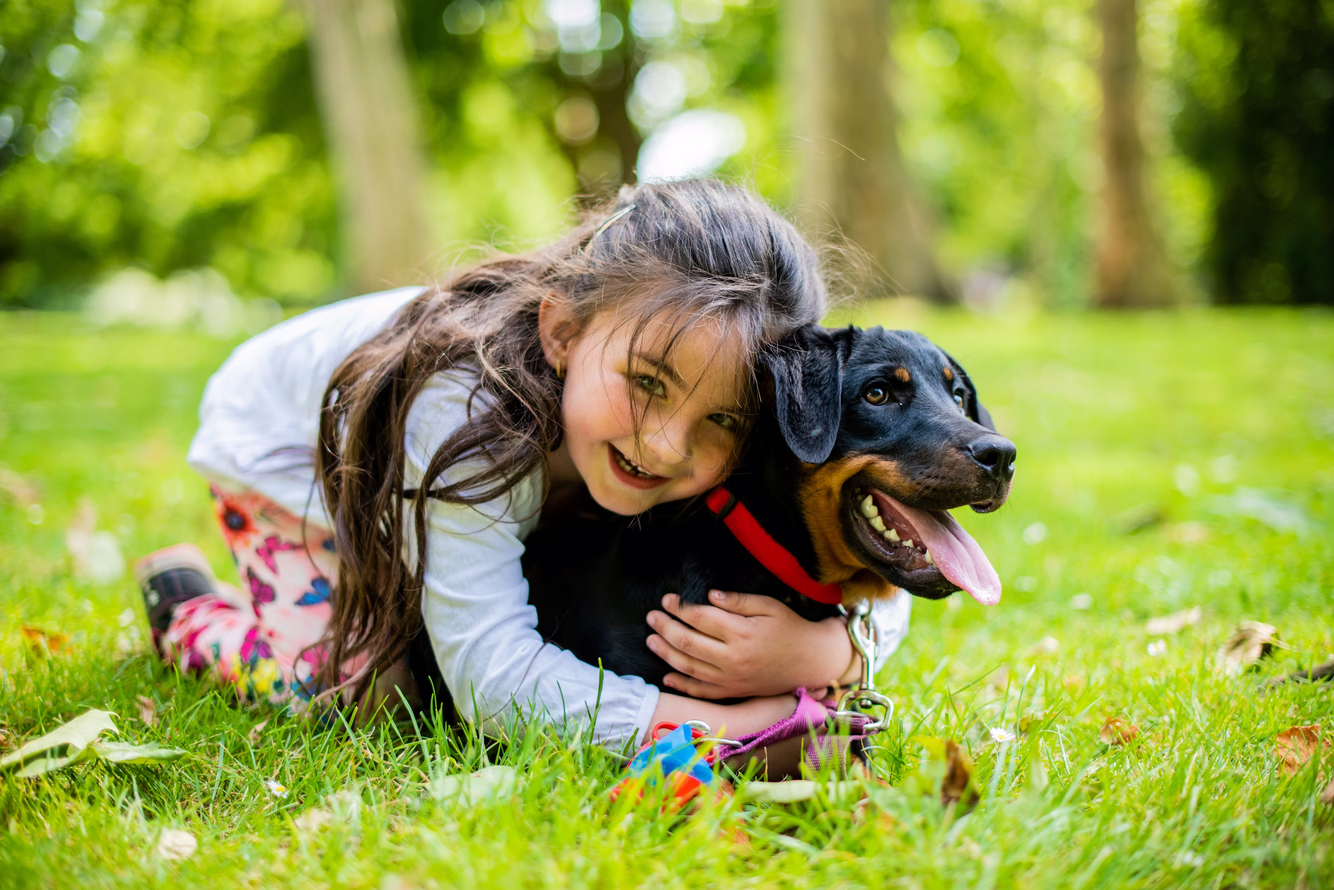 Happy child and dog sitting together safely
